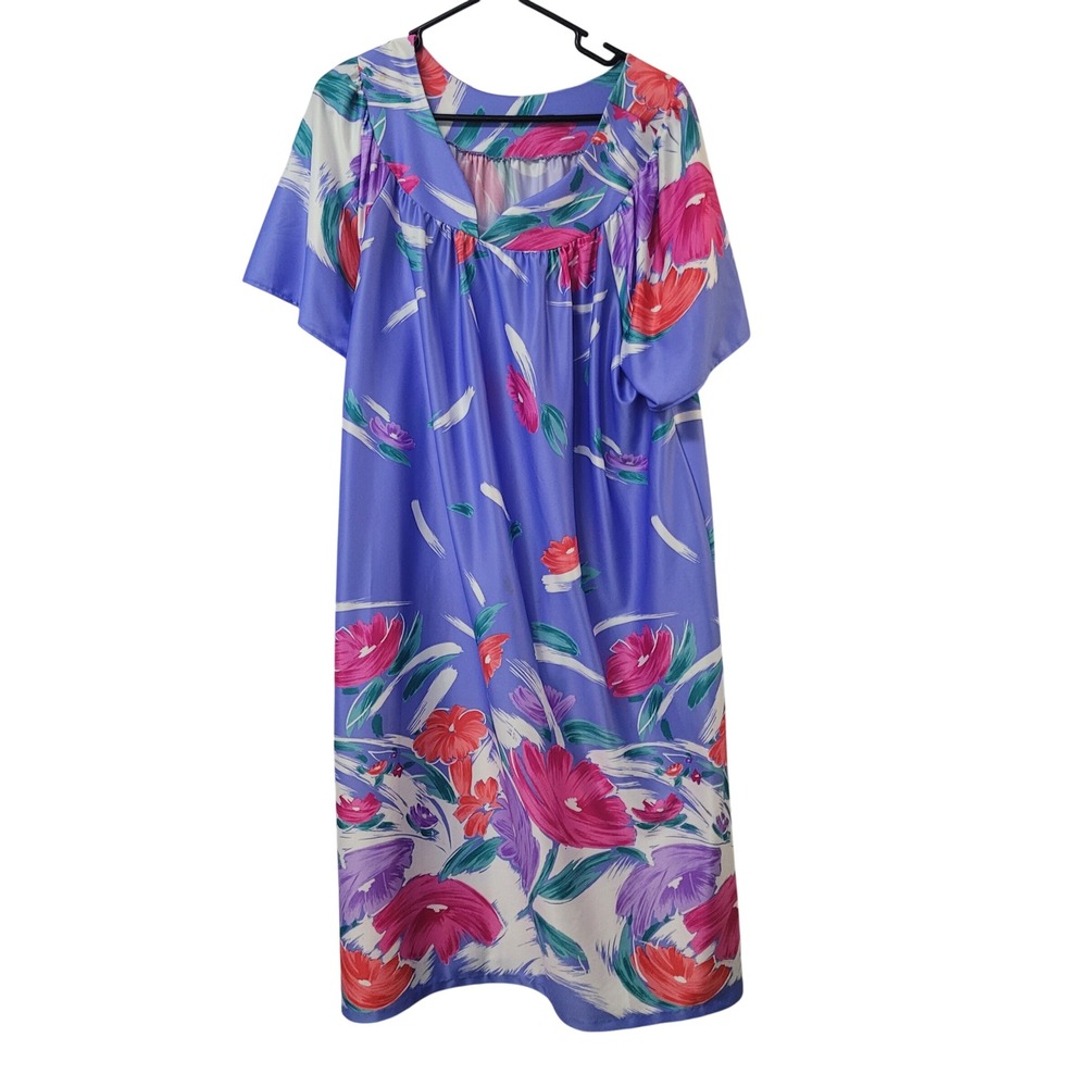 Granada Vintage 1X Purple Floral Muu Muu House Dress Nightgown Pockets